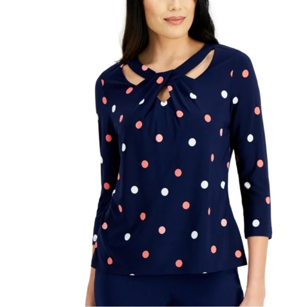 Kasper Navy Blue combo dotted twist neckline Cut Out Blouse top lined front XL